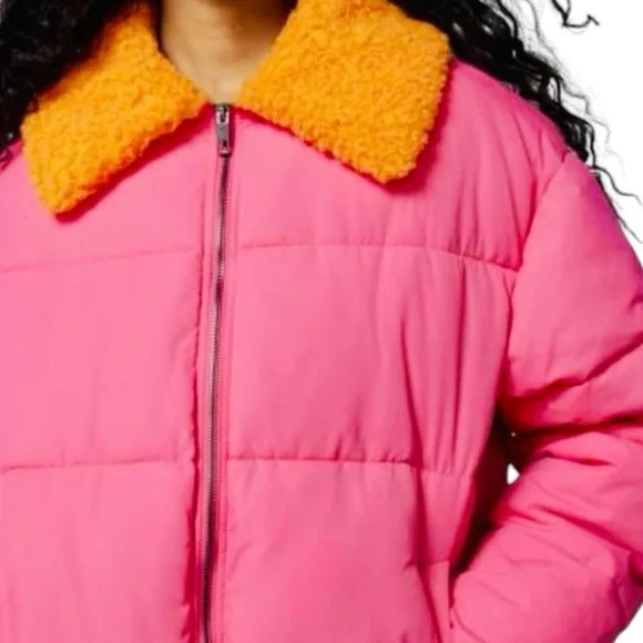 Urban Outfitters Neon Pink Duckie Faux Shearling Women Small Puffer Jacket NEW - Picture 7 of 16